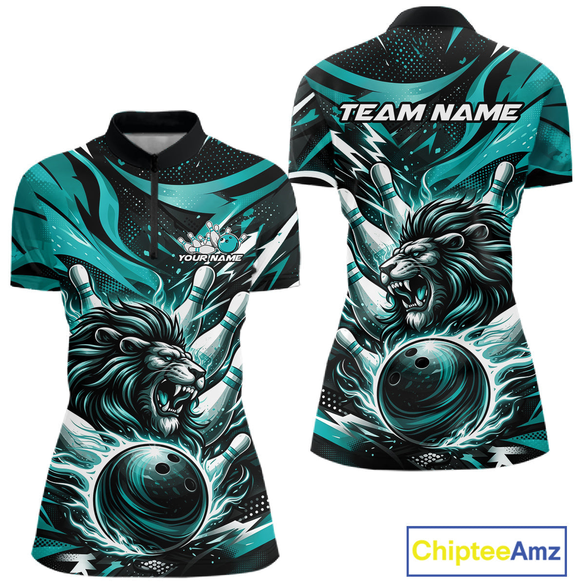 Custom Turquoise Blue Flame Bowling Ball Lion Bowling Jerseys, Women Quarter-Zip Shirt IPHW10350