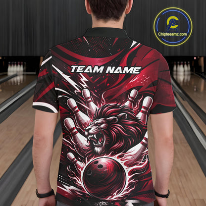 Custom Red Flame Bowling Ball Lion Bowling Jerseys, Lion Men Polo Bowling Shirt IPHW10351