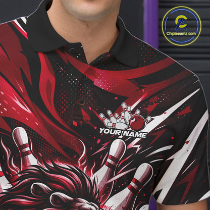 Custom Red Flame Bowling Ball Lion Bowling Jerseys, Lion Men Polo Bowling Shirt IPHW10351