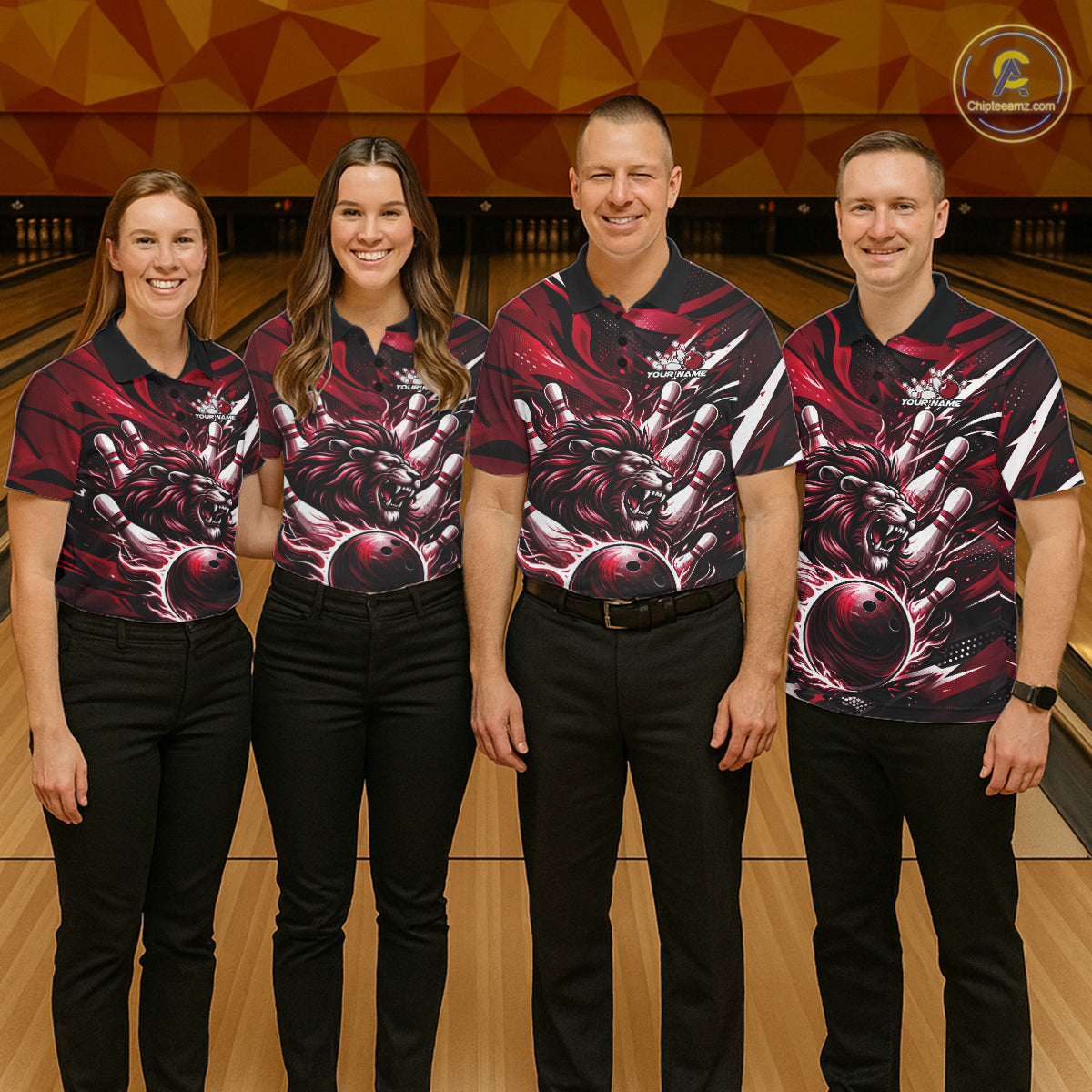 Custom Red Flame Bowling Ball Lion Bowling Jerseys, Lion Men Polo Bowling Shirt IPHW10351
