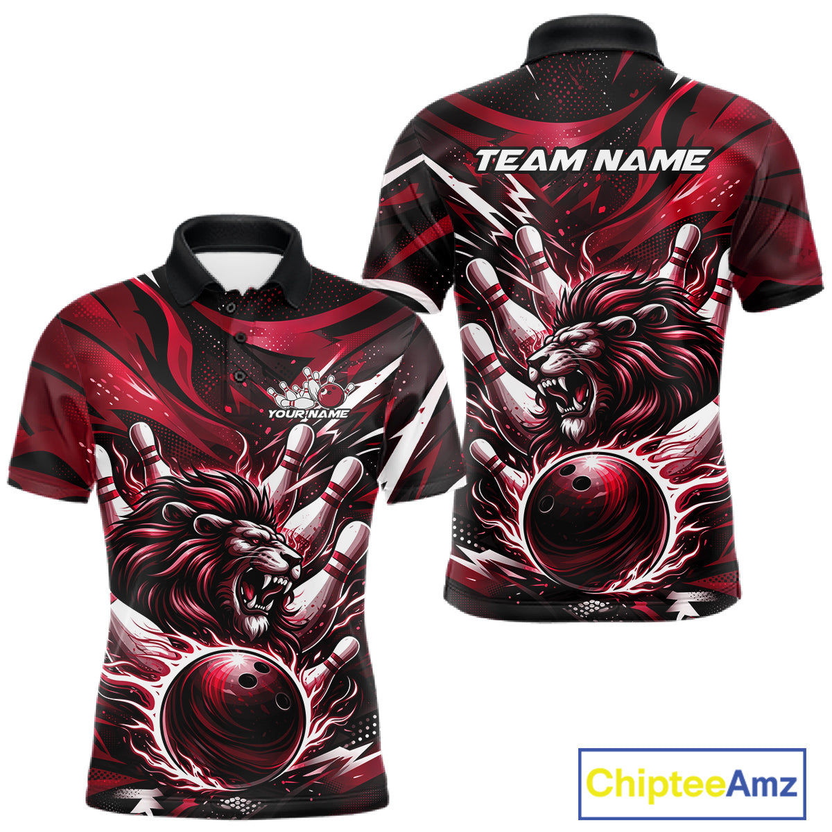 Custom Red Flame Bowling Ball Lion Bowling Jerseys, Lion Men Polo Bowling Shirt IPHW10351
