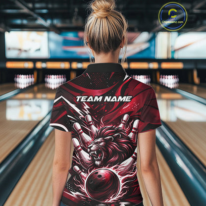 Custom Red Flame Bowling Ball Lion Bowling Jerseys, Lion Women Quarter-Zip Bowling Shirt IPHW10351