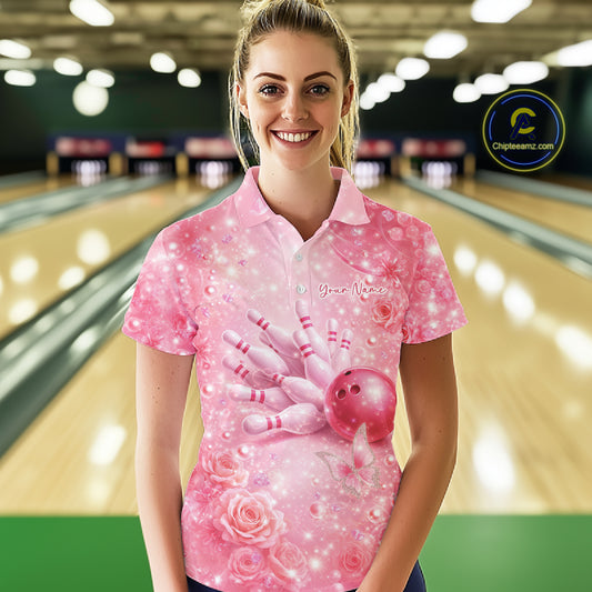 Female model in bowling lane wearing polo shirt with flaming bowling ball striking pins yellow flame sports design