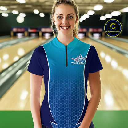 Custom Blue Bowling Team Quarter-Zip Shirts For Women, Blue Bowling Jerseys Team Uniform IPHW9429