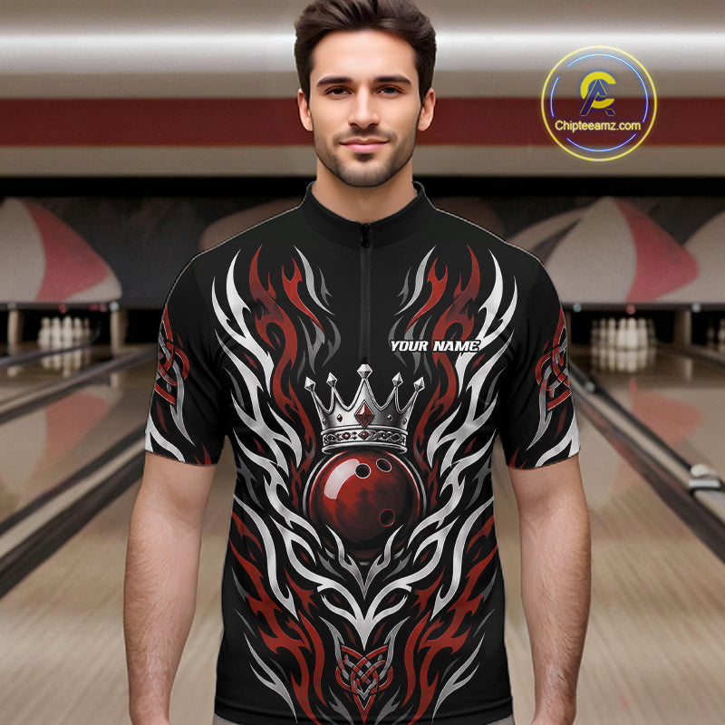 Custom Black And Red Irish Tribal Pattern Bowling Ball With Crown Men Quarter Zip Shirt IPHW11693