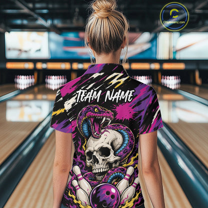 Custom Colorful Purple Snake And Skull Bowling Women Quarter-Zip Shirt, Halloween Outfit IPHW11710