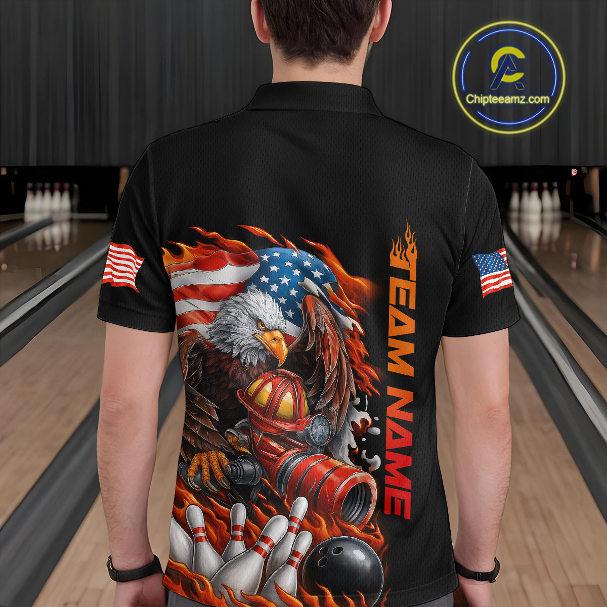 Custom Patriotic Flame Eagle Men Bowling Team Shirt, Firefighter Bowling Shirt IPHW10202