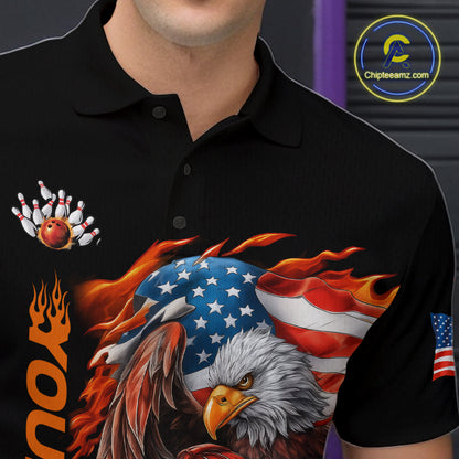 Custom Patriotic Flame Eagle Men Bowling Team Shirt, Firefighter Bowling Shirt IPHW10202
