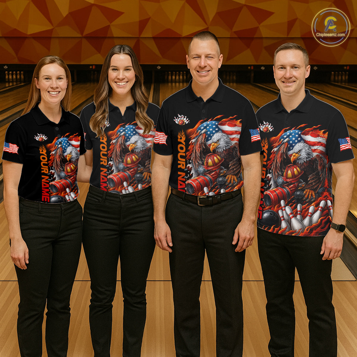 Custom Patriotic Flame Eagle Men Bowling Team Shirt, Firefighter Bowling Shirt IPHW10202