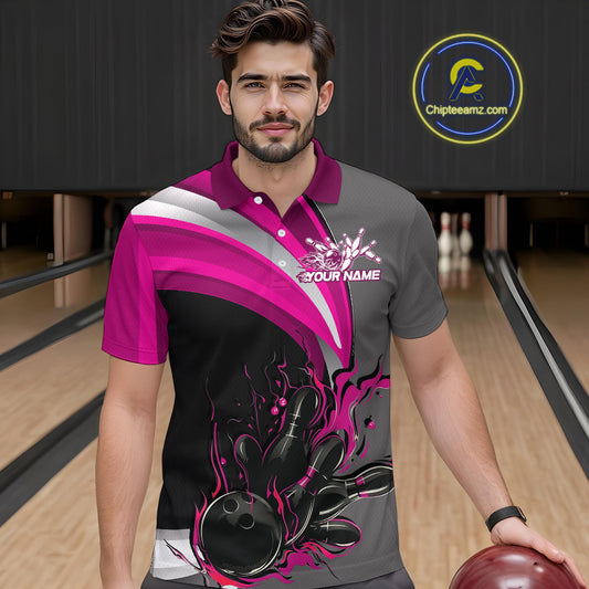 Custom Black, Pink And Gray Flame Bowling Polo Shirts For Men, Bowling Team League Shirt IPHW9275
