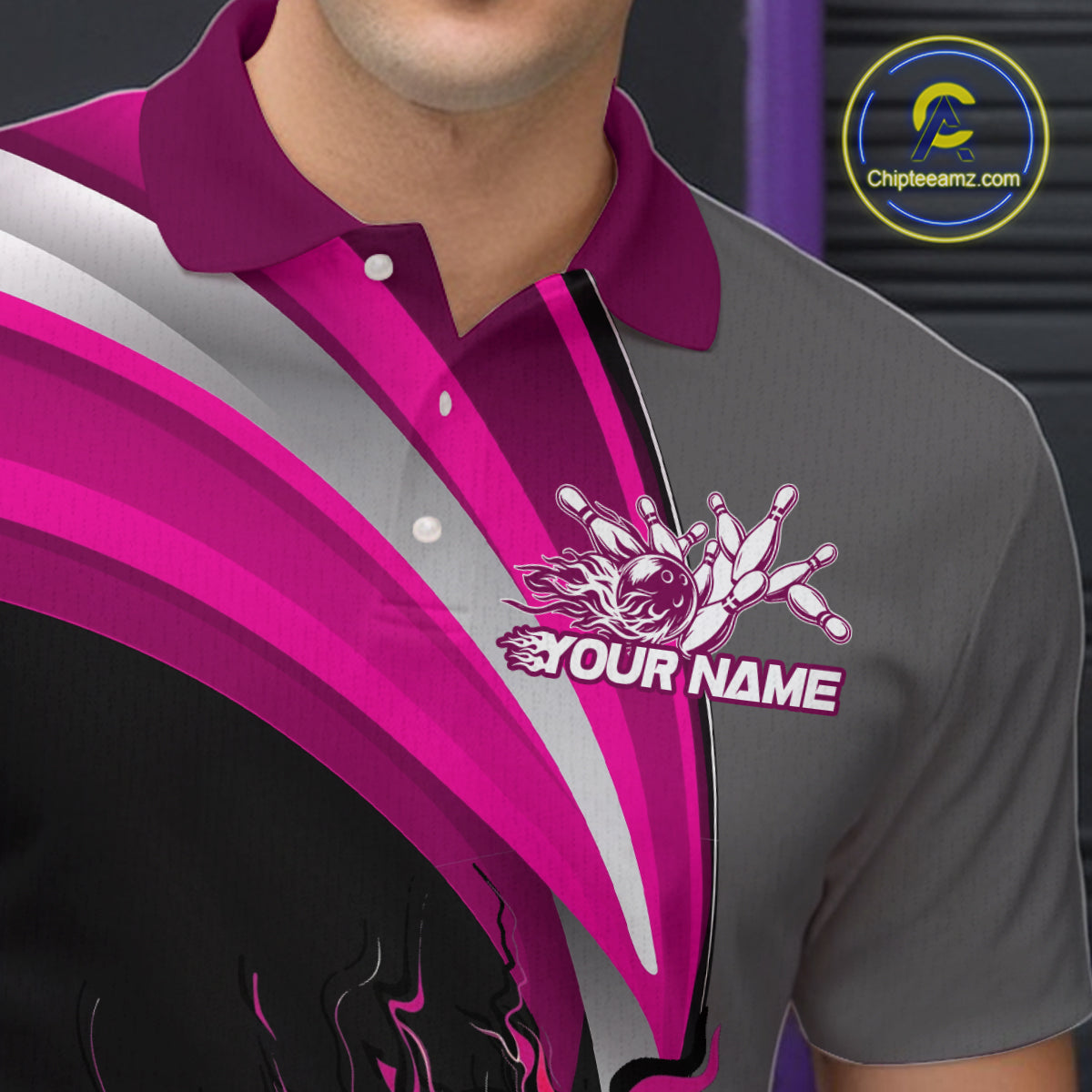 Custom Black, Pink And Gray Flame Bowling Polo Shirts For Men, Bowling Team League Shirt IPHW9275