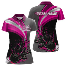 Load image into Gallery viewer, Custom Black, Pink And Gray Flame Bowling Polo Shirt For Women, Bowling Team League Shirt IPHW9275