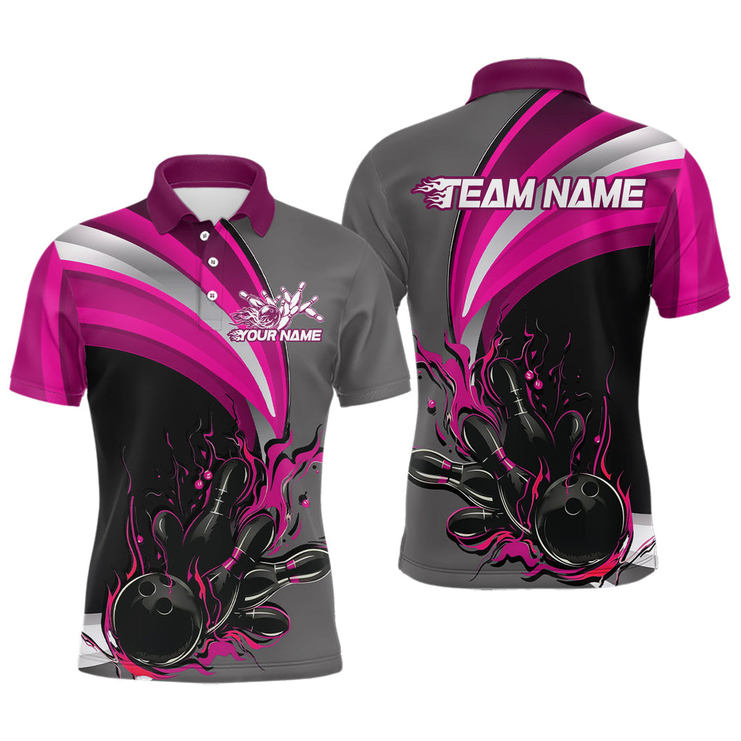 Custom Black, Pink And Gray Flame Bowling Polo Shirts For Men, Bowling Team League Shirt IPHW9275