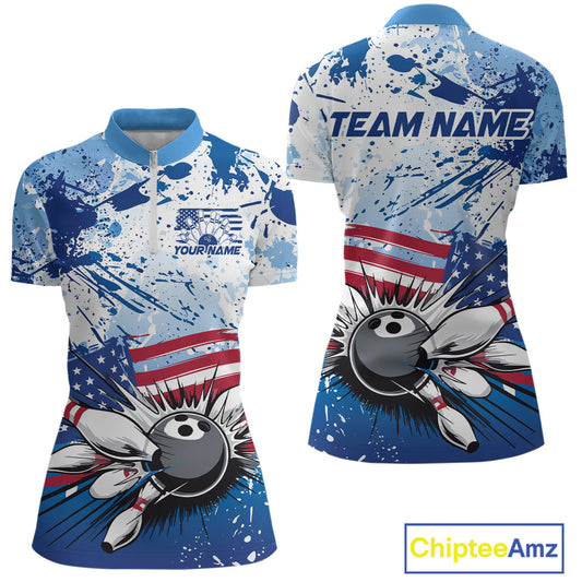 Custom Blue Camo Patriotic Bowling Quarter-Zip Shirts For Women, Bowling Team Uniform IPHW9595