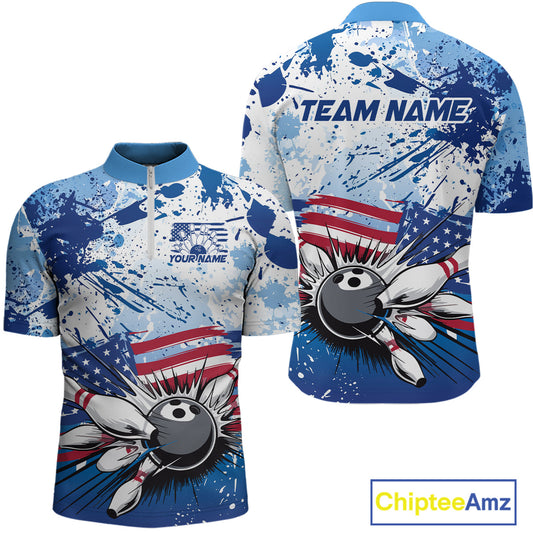 Custom Blue Camo Patriotic Bowling Quarter-Zip Shirts For Men, Bowling Team Uniform IPHW9595