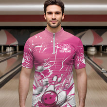 Load image into Gallery viewer, Custom White And Pink Bowling Team Men Quarter-Zip Shirts, Bowling Ball And Pins Jerseys IPHW9601