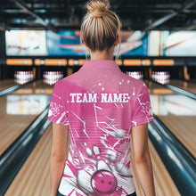 Load image into Gallery viewer, Custom White And Pink Bowling Team Women Quarter-Zip Shirt, Bowling Ball And Pins Jerseys IPHW9601