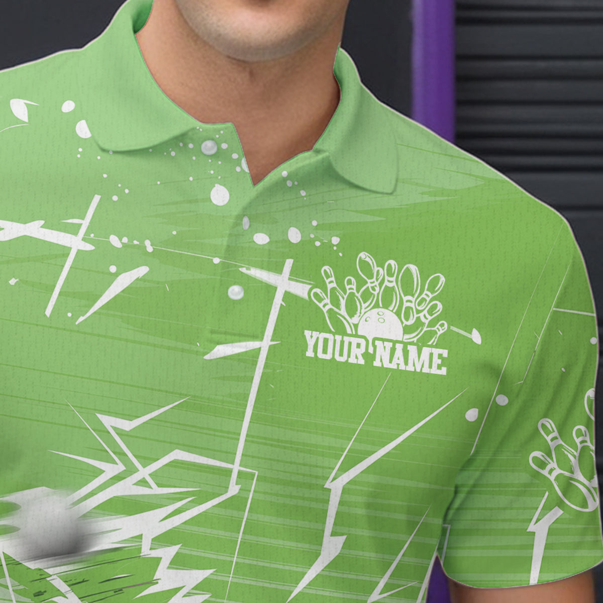 Custom White And Green Bowling Team Men Polo Shirts, Bowling Ball And Pins Jerseys IPHW9603