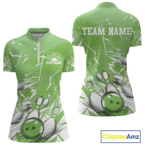 Custom White And Green Bowling Team Women Quarter-Zip Shirt, Bowling Ball And Pins Jersey IPHW9603