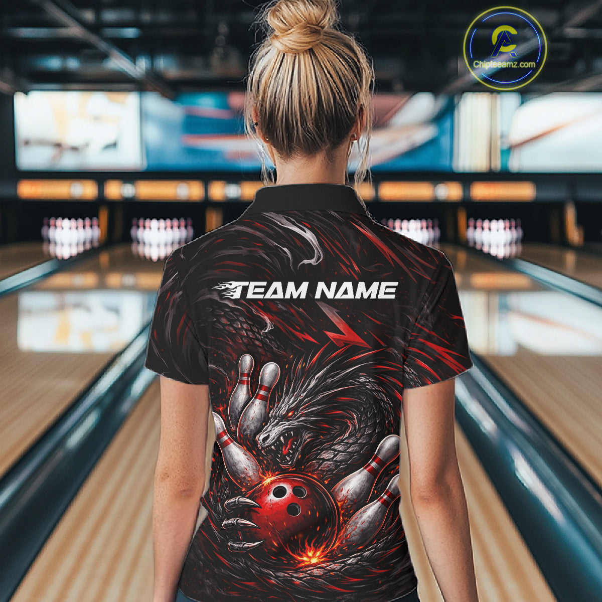 Custom Black And Red Dragon Bowling Jerseys, Dragon Bowling Team Women Polo Shirt IPHW10362