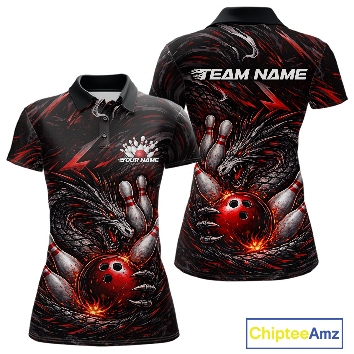Custom Black And Red Dragon Bowling Jerseys, Dragon Bowling Team Women Polo Shirt IPHW10362
