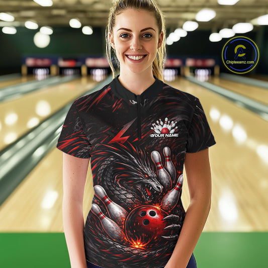 Custom Black And Red Dragon Bowling Jerseys, Dragon Bowling Team Women Quarter-Zip Shirt IPHW10362