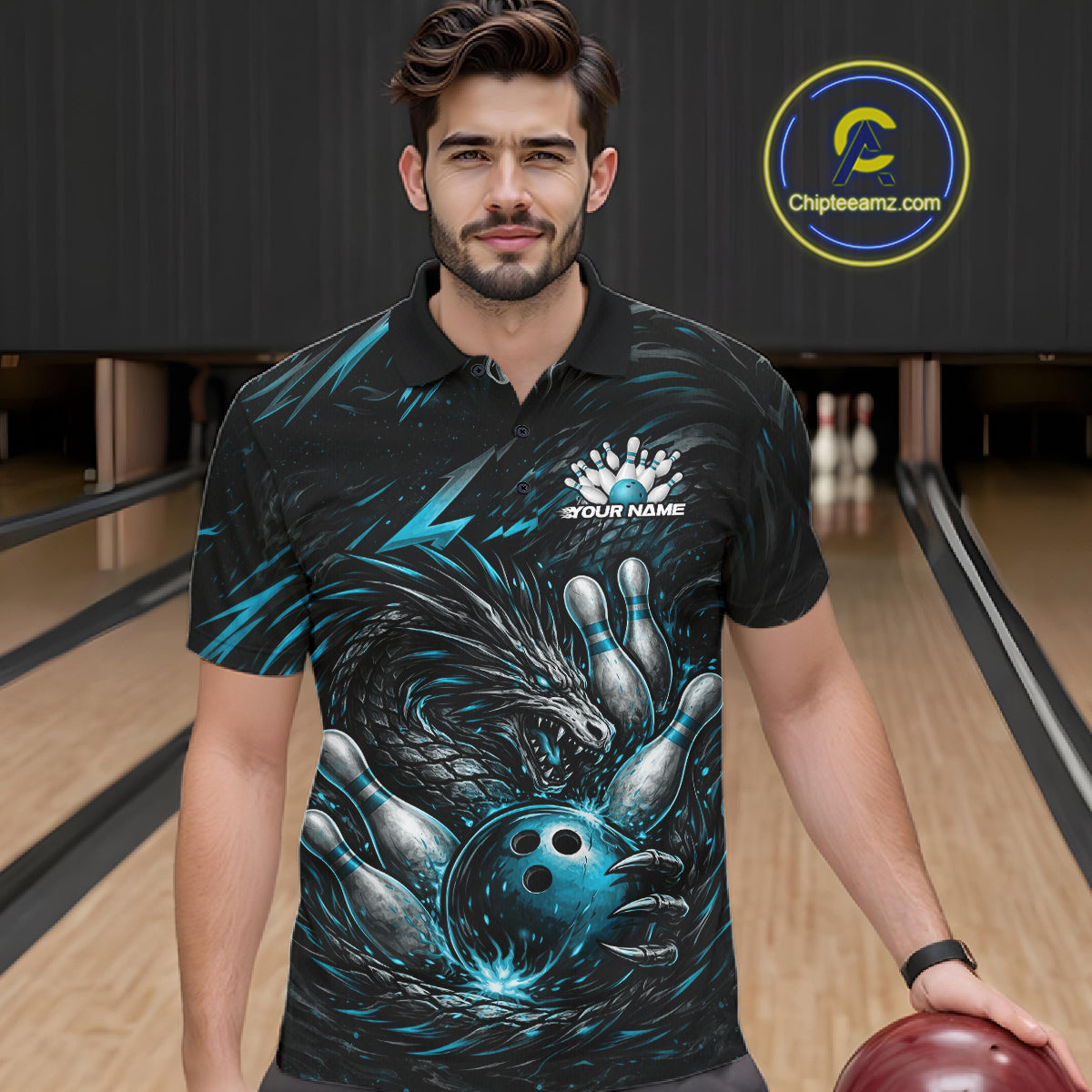 Custom Turquoise Blue Dragon Bowling Jerseys, Dragon Bowling Team Men Polo Shirt IPHW10363
