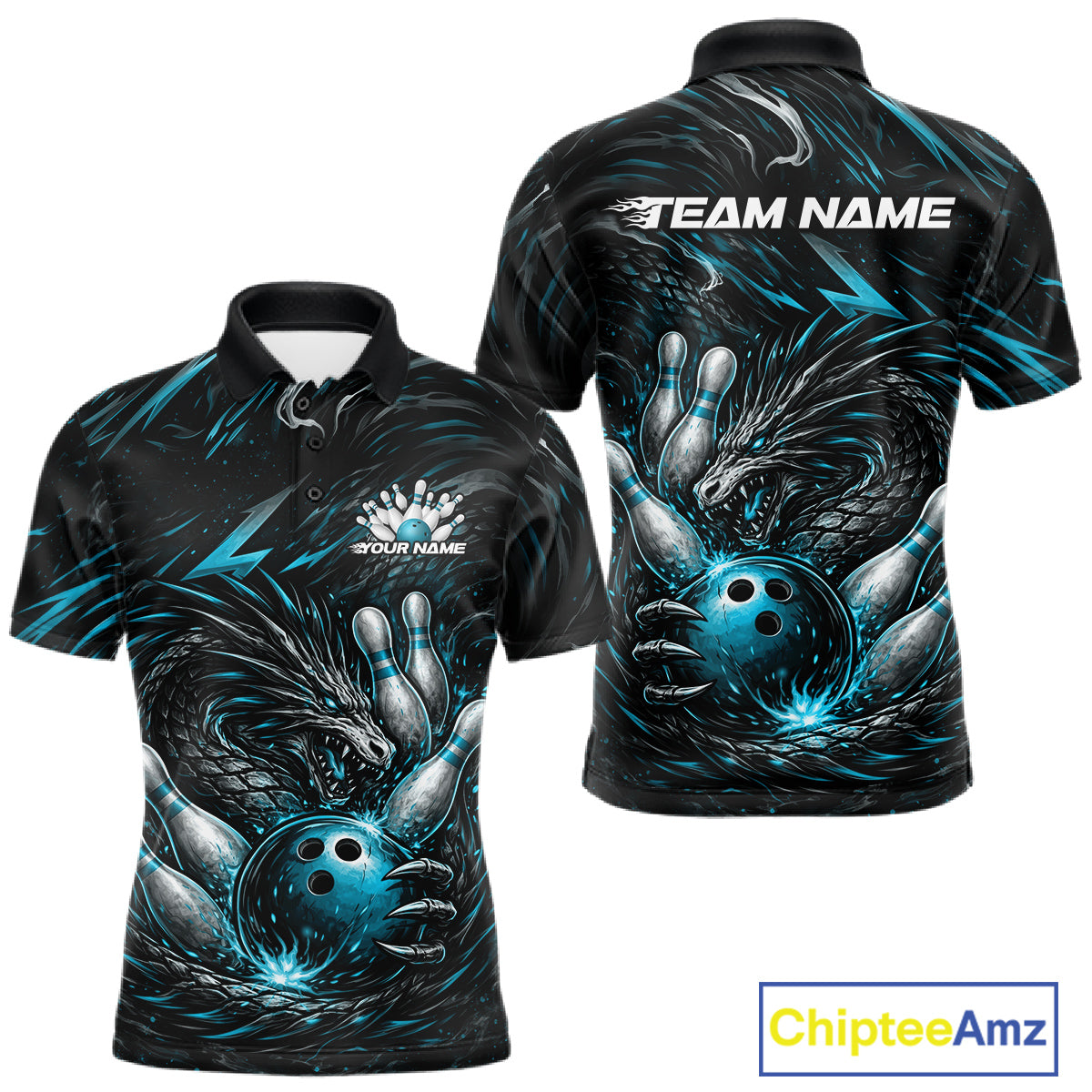 Custom Turquoise Blue Dragon Bowling Jerseys, Dragon Bowling Team Men Polo Shirt IPHW10363
