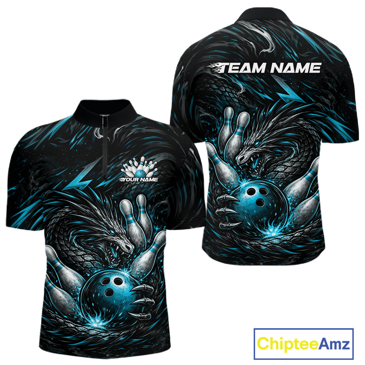 Custom Turquoise Blue Dragon Bowling Jerseys, Dragon Bowling Team Men Quarter-Zip Shirt IPHW10363