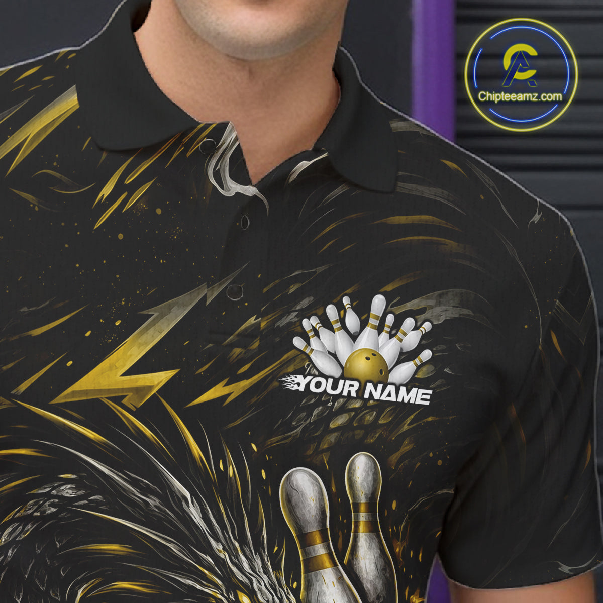 Custom Black And Gold Dragon Bowling Jerseys, Dragon Bowling Team Men Polo Shirt IPHW10364