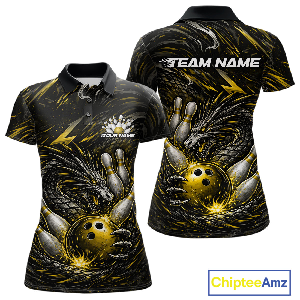 Custom Black And Gold Dragon Bowling Jerseys, Dragon Bowling Team Women Polo Shirt IPHW10364