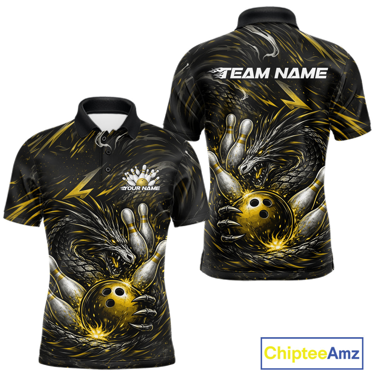 Custom Black And Gold Dragon Bowling Jerseys, Dragon Bowling Team Men Polo Shirt IPHW10364