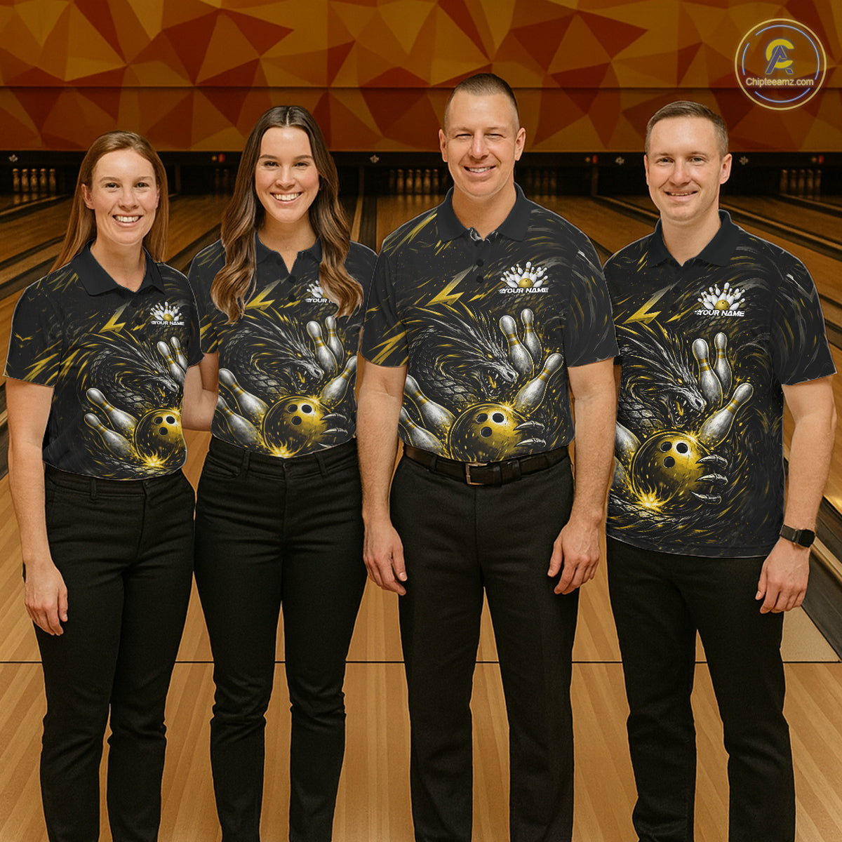 Custom Black And Gold Dragon Bowling Jerseys, Dragon Bowling Team Men Polo Shirt IPHW10364