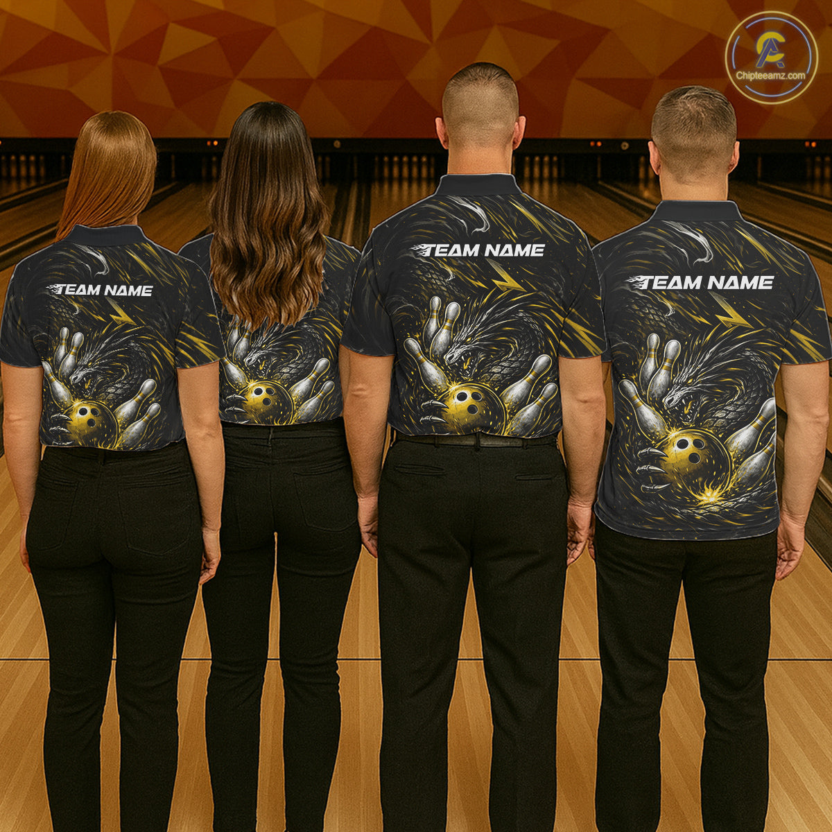 Custom Black And Gold Dragon Bowling Jerseys, Dragon Bowling Team Men Polo Shirt IPHW10364
