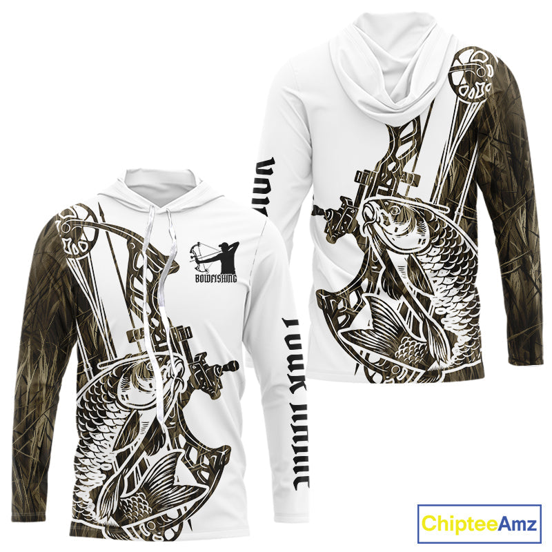 Custom Grass Camo Carp Bowfishing Long Sleeve Hooded Tournament Shirts, Carp Bow Fishing Shirt IPHW9288