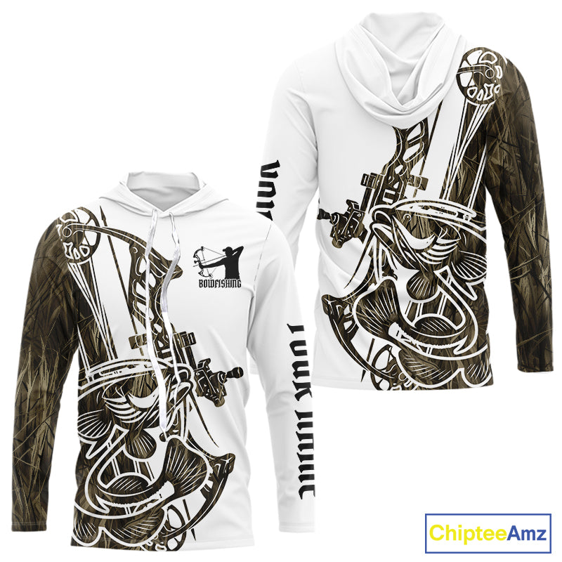 Custom Grass Camo Catfish Bowfishing Long Sleeve Hooded Tournament Shirts, Catfish Bow Fishing Shirt IPHW9289
