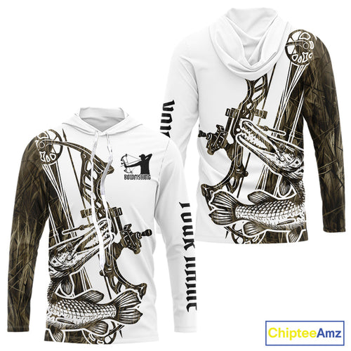 Custom Grass Camo Alligator Gar Bowfishing Long Sleeve Hooded Tournament Shirts, Bow Fishing Shirt IPHW9290