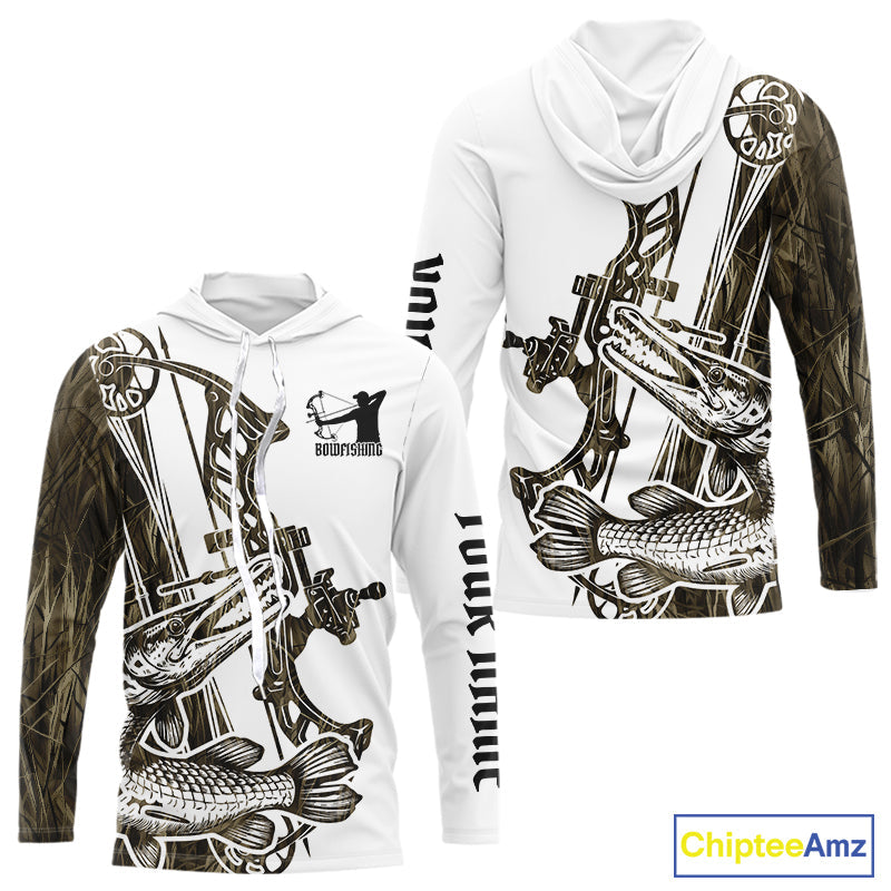 Custom Grass Camo Alligator Gar Bowfishing Long Sleeve Hooded Tournament Shirts, Bow Fishing Shirt IPHW9290