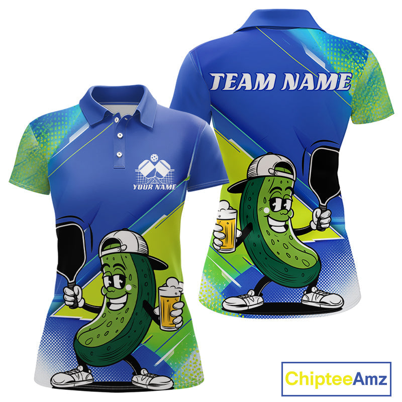Custom Funny Pickleball Women Polo Shirts, Cool Pickles Playing Pickleball Humorous Shirt IPHW9440
