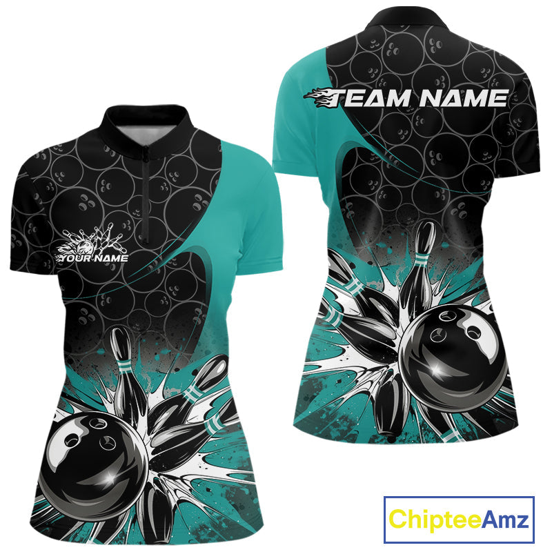 Custom Blue Bowling Team Women Quarter Zip Shirt, Bowling Pattern Bowling League Shirt IPHW9625