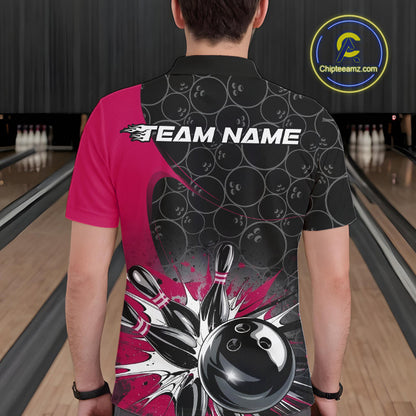 Custom Pink Bowling Team Polo Shirts For Men, Bowling Pattern Bowling League Shirt IPHW9626