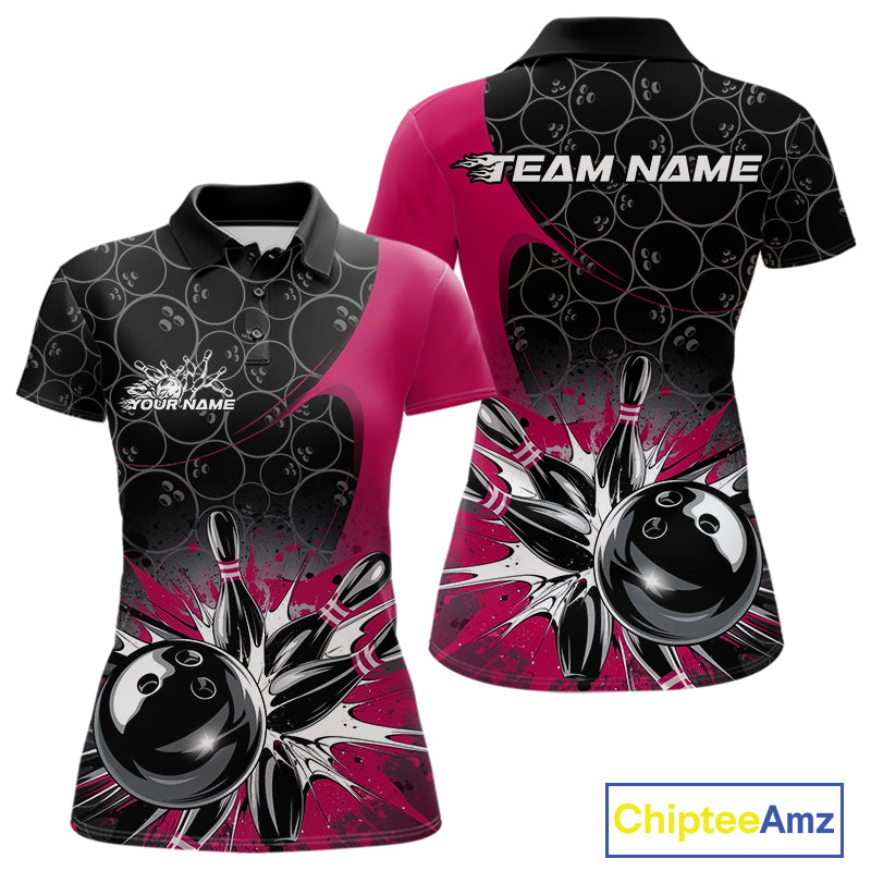 Custom Pink Bowling Team Polo Shirts For Women, Bowling Pattern Bowling League Shirt IPHW9626