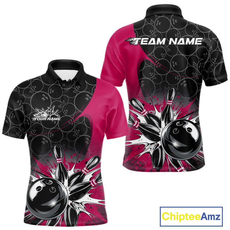 Custom Pink Bowling Team Polo Shirts For Men, Bowling Pattern Bowling League Shirt IPHW9626