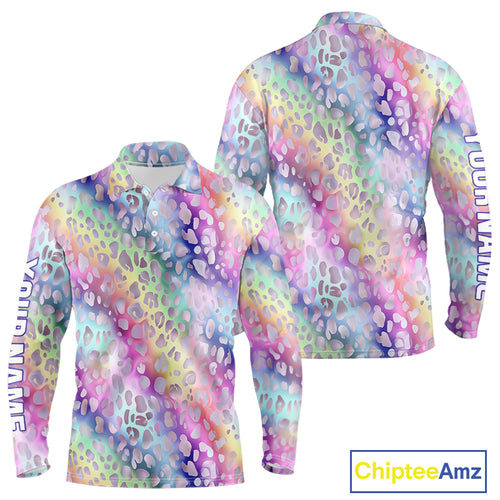 Colorful Neon Rainbow leopard pattern Mens Golf Polo Shirts Custom men's golf outfits, cool golf gift NQS10244