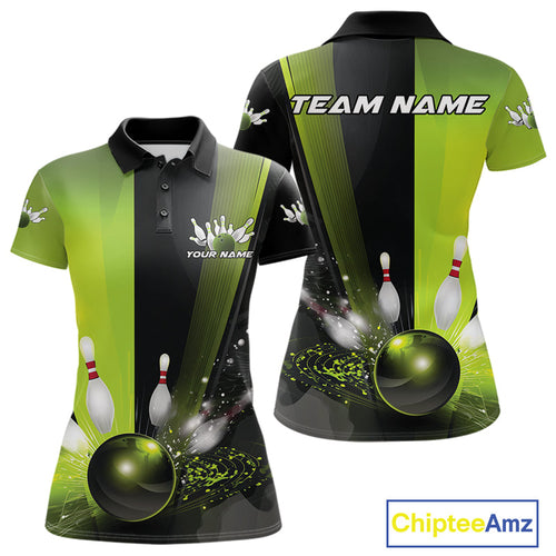 Custom Black And Green Bowling Jerseys, Glowing Motion Graphic Bowling Women Polo Shirt IPHW9443