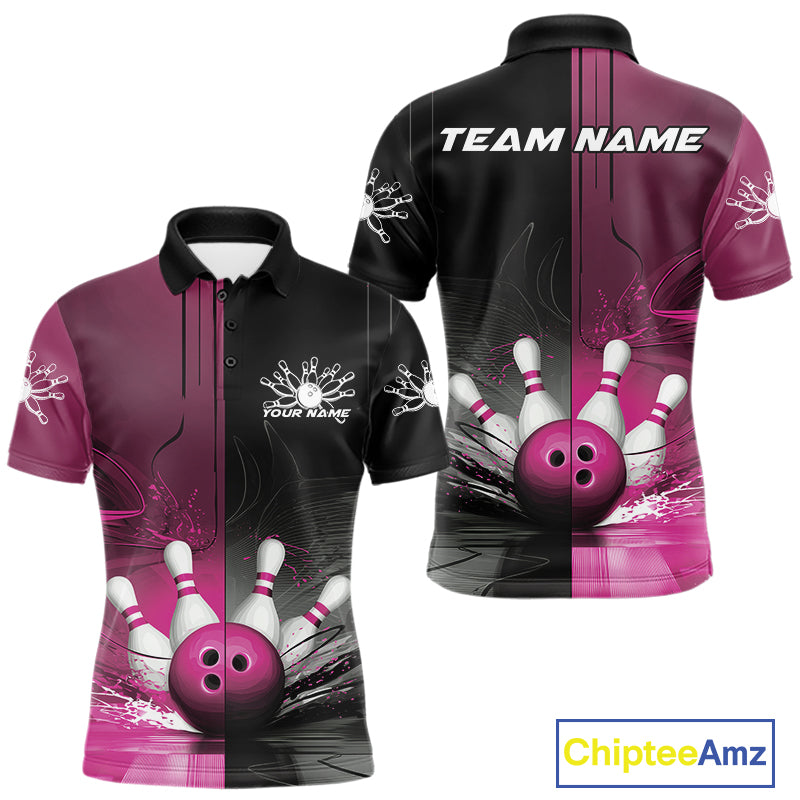 Half Black Half Pink Custom Bowling Team Polo Shirts For Men, Bowling Tournament Shirt IPHW9447