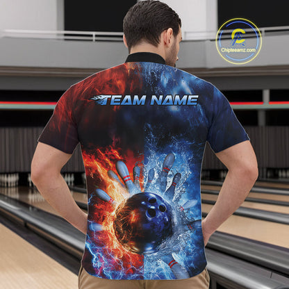 Custom Red Fire Blue Water Explosion Bowling Team Quarter-Zip Shirts For Men, Bowling Uniform IPHW9448
