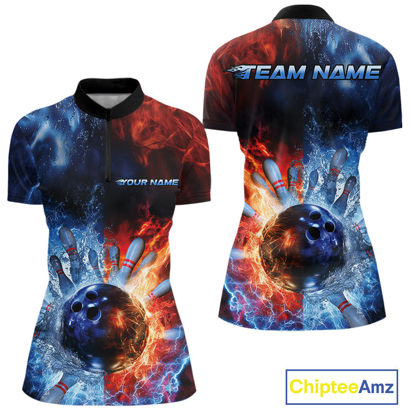 Custom Red Fire Blue Water Explosion Bowling Team Women Quarter-Zip Shirt Uniform IPHW9448