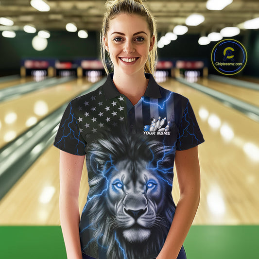 Custom Blue Thunder Lightning Patriotic Lion Women Polo Shirts, US Flag Bowling Jerseys IPHW9323