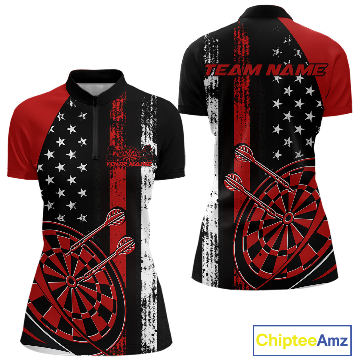 Custom Red Thin Line US Flag Patriotic Dartboard Dart Women Quarter-Zip Team Shirts IPHW9644